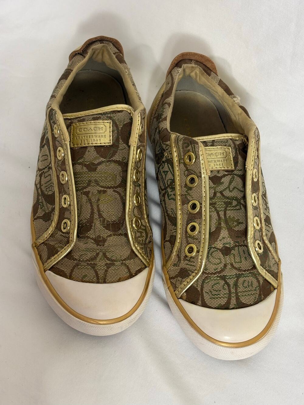 Coach Signature Monogram Brown Gold Metallic Sneakers